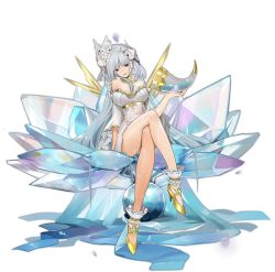 Rule 34 | 1girl, ark order, black eyes, blue hair, bracelet, breasts, crossed legs, dress, flower, gold footwear, hair ornament, high heels, highres, holding, horn (instrument), horns, ice, jewelry, large breasts, long hair, looking at viewer, mimir (ark order), mole, mole under eye, necklace, official art, plant, pouring, pouring onto self, shenq, sitting, smile, solo, sparkle, tachi-e, transparent background, very long hair, vines, wet, white dress, white sleeves