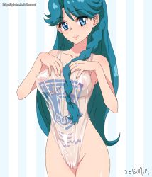 Rule 34 | 1girl, bad id, bad pixiv id, blue eyes, braid, breasts, cameltoe, covered navel, covered erect nipples, ginko (silver fox), go! princess precure, green hair, kaidou minami, large breasts, lawson, long hair, plastic bag swimsuit, precure, pussy, solo, standing, striped, striped background, uncensored