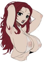 Rule 34 | 1girl, armpits, arms up, bad id, bad twitter id, breasts, highres, large breasts, mole, mole under eye, nipples, original, red hair, see-through, sin salt, solo