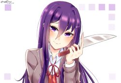 Rule 34 | 1girl, aliceyawnin, artist name, commentary, dated, doki doki literature club, english commentary, hair ornament, hairclip, head tilt, holding, holding knife, knife, long hair, looking at viewer, purple eyes, purple hair, school uniform, simple background, smile, solo, upper body, white background, yuri (doki doki literature club)
