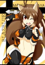 Rule 34 | 1girl, :3, ahoge, animal ears, antenna hair, arc system works, bad id, bad pixiv id, black gloves, blazblue, blazblue: continuum shift, blush, breasts, brown hair, character name, copyright name, fang, fingerless gloves, fumutarou, gloves, makoto nanaya, midriff, navel, one eye closed, open mouth, orange skirt, red eyes, revealing clothes, short hair, skirt, solo, squirrel ears, squirrel tail, tail, thighhighs, tonfa, underboob, weapon, wink