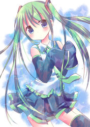 Rule 34 | 1girl, aino osaru, black skirt, blue eyes, detached sleeves, female focus, green hair, hatsune miku, long hair, miniskirt, necktie, pleated skirt, skirt, sleeves past wrists, solo, thighhighs, twintails, very long hair, vocaloid, white background
