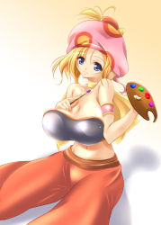 Rule 34 | 1990s (style), 1girl, alternate breast size, armlet, art brush, blonde hair, blue eyes, breasts, choker, cleavage, fct, final fantasy, final fantasy vi, huge breasts, midriff, aged up, paint, paintbrush, palette (object), ponytail, relm arrowny, sara da pranzo, sdp, smile, solo