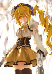 Rule 34 | 1girl, :o, akita neru, angry, asymmetrical hair, backlighting, beret, blonde hair, blurry, bokeh, bow, brown thighhighs, corset, cosplay, depth of field, detached sleeves, drill hair, dual wielding, fingerless gloves, gloves, gun, hair ornament, hairpin, hat, highres, holding, lens flare, light rays, long hair, magical girl, magical musket, magu (mugsfc), mahou shoujo madoka magica, mahou shoujo madoka magica (anime), open mouth, pleated skirt, puffy sleeves, ribbon, rifle, side ponytail, skirt, solo, striped clothes, striped thighhighs, sunbeam, sunlight, thighhighs, tomoe mami, tomoe mami (cosplay), vertical-striped clothes, vertical-striped thighhighs, vocaloid, weapon, yellow eyes, zettai ryouiki