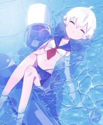 Rule 34 | 1girl, bad id, bad pixiv id, blue sailor collar, blue skirt, closed eyes, crop top, feet out of frame, highres, midriff, natsu-no-kamisama, navel, original, partially submerged, red neckwear, sailor collar, short hair, skirt, solo, white hair