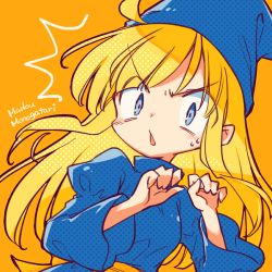 Rule 34 | 1girl, blonde hair, blue eyes, hat, lowres, madou monogatari, puyopuyo, rakuni, solo, surprised, triangle mouth, witch, witch (puyopuyo), witch hat