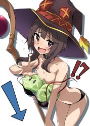 Rule 34 | !?, 1girl, absurdres, arrow (symbol), bare shoulders, belt, belt buckle, bent over, bikini, black belt, black bikini, black choker, black outline, blunt ends, blush, breasts, bright pupils, brown hair, brown hat, buckle, cabbage, choker, collarbone, cowboy shot, flying sweatdrops, hand up, hat, hat ribbon, highres, kono subarashii sekai ni shukufuku wo!, looking at viewer, megumin, open mouth, outline, red eyes, red ribbon, ribbon, short hair with long locks, sidelocks, simple background, small breasts, smile, solo, staff, straight hair, swimsuit, tokiani, tsurime, wardrobe malfunction, wavy mouth, white background, witch hat