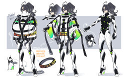 Rule 34 | 1boy, absurdres, ahoge, androgynous, arrow (symbol), belt, belt buckle, black hair, bodysuit, buckle, chain, character sheet, commentary request, commission, english text, glasses, grey background, highres, original, ponytail, purple eyes, science fiction, shadow, skeb commission, solo, standing, straitjacket, sugomori tsuru (artist), trap, two-tone background, wedge heels, white background, white bodysuit