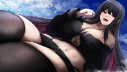 Rule 34 | 1girl, black hair, black nails, black thighhighs, breasts, character request, cloud, cloudy sky, copyright request, giant, giantess, hair between eyes, kanzaki kureha, large breasts, long hair, looking at viewer, navel, pink eyes, sky, solo, thighhighs