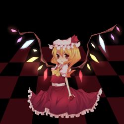 Rule 34 | 1girl, ascot, bad id, bad pixiv id, blonde hair, checkered floor, female focus, flandre scarlet, hat, lowres, mob cap, nayuta (artist), nayuta (scarlet-noize), red eyes, solo, touhou, white hat, wings, yellow ascot