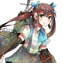 Rule 34 | 10s, 1girl, arm warmers, asagumo (kancolle), ascot, black skirt, blue bow, blush, bow, brown hair, buttons, closed mouth, collared shirt, cowboy shot, eyebrows, green hair, hair between eyes, hair bow, hair ribbon, itomugi-kun, kantai collection, long hair, looking at viewer, pleated skirt, ribbon, school uniform, shirt, short eyebrows, short sleeves, simple background, skirt, smile, solo, suspender skirt, suspenders, turret, twintails, white background, white shirt