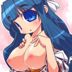 Rule 34 | blue eyes, blue hair, blunt bangs, blush, bow, breasts, inverted nipples, japanese clothes, kimono, large breasts, long hair, nipples, small nipples, suniko