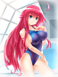 Rule 34 | 10s, 1girl, ahoge, blue eyes, breasts, competition swimsuit, cowboy shot, high school dxd, hitotose (spiralray), huge ahoge, indoor pool, indoors, large breasts, long hair, looking at viewer, one-piece swimsuit, pool, red hair, rei no pool, rias gremory, smile, solo, spiralray, swimsuit, very long hair