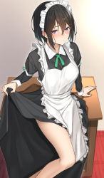 Rule 34 | 1girl, apron, arm support, bare legs, black dress, black hair, blush, closed mouth, clothes lift, commentary request, desk, dress, dress lift, feet out of frame, frilled apron, frills, green ribbon, hair between eyes, highres, juliet sleeves, lifted by self, long sleeves, looking at viewer, maid, maid apron, maid headdress, neck ribbon, original, pallad, puffy sleeves, purple eyes, ribbon, short hair, sitting, solo, white apron