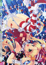 Rule 34 | 1girl, absurdres, armlet, armpits, blonde hair, boots, breasts, cameltoe, circus, cleavage, cleavage cutout, clothing cutout, confetti, copyright request, flag, french flag, frills, green eyes, hair ornament, hat, high heels, highres, legs, long hair, misaki kurehito, nail polish, open mouth, panties, pantyshot, red nails, small breasts, smile, solo, striped clothes, striped thighhighs, thighhighs, trapeze (object), twintails, underwear