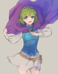 Rule 34 | 1girl, :d, blue eyes, cape, cape lift, cowboy shot, fes4, fire emblem, fire emblem: the blazing blade, green hair, grey background, hairband, long sleeves, looking at viewer, miniskirt, nino (fire emblem), nintendo, open mouth, purple cape, purple hairband, shirt, short hair, simple background, sketch, skirt, smile, solo, standing, white shirt, white skirt