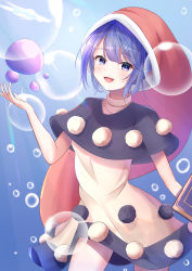 Rule 34 | 1girl, :3, absurdres, apron, black capelet, black dress, blob, blue eyes, blue sky, blush, book, breasts, bubble, capelet, commentary request, doremy sweet, dress, eyelashes, hair between eyes, hand up, hat, highres, legacy of lunatic kingdom, looking at viewer, medium breasts, nightcap, niko kusa, open mouth, pom pom (clothes), purple hair, red hat, short hair, short sleeves, sitting, sky, solo, tail, tongue, touhou, turtleneck, twitter username, underwater, white apron, white dress