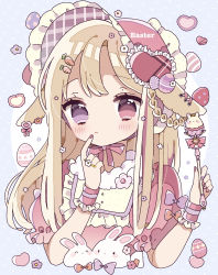 Rule 34 | 1girl, :&lt;, absurdres, animal ears, blonde hair, blush, bonnet, bow, braid, carrot hair ornament, closed mouth, collared dress, cropped torso, cuffs, dress, earrings, easter, easter egg, egg, english text, food-themed hair ornament, frilled cuffs, frilled hat, frilled shirt collar, frills, fur trim, hair ornament, hairclip, hand on own face, hat, heterochromia, highres, holding, holding wand, index finger raised, jewelry, long hair, looking at viewer, nagihoko, nail polish, neck ribbon, original, pink dress, pink eyes, puffy short sleeves, puffy sleeves, purple eyes, rabbit, rabbit ears, raised eyebrows, ribbon, ribbon earrings, ring, short sleeves, side braid, solo, wand