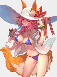 Rule 34 | 1girl, animal ear fluff, animal ears, bikini, blue bikini, bracelet, breasts, brown hair, fate/grand order, fate (series), food, fox ears, fox tail, hat, highres, jacket, jewelry, lack, large breasts, licking, open clothes, open jacket, pink hair, popsicle, solo, strap gap, sweat, swimsuit, tail, tamamo (fate), tamamo no mae (fate/extra), tamamo no mae (swimsuit lancer) (fate), tamamo no mae (swimsuit lancer) (third ascension) (fate)