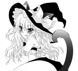 Rule 34 | 1girl, animal ears, blush, cat ears, cat girl, cat tail, female focus, greyscale, hat, kemonomimi mode, kirisame marisa, licking lips, long hair, monochrome, naughty face, shinonome ryuu, solo, tail, tongue, tongue out, touhou, witch, witch hat