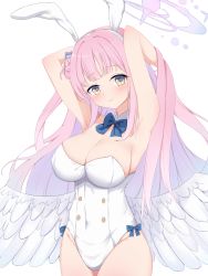 Rule 34 | 1girl, absurdres, alternate costume, angel wings, animal ears, armpits, blue archive, breasts, dae (dog-of-maou), detached collar, flower, hair bun, hair flower, hair ornament, halo, hand up, highres, large breasts, leotard, long hair, mika (blue archive), pink hair, playboy bunny, rabbit ears, side bun, simple background, single side bun, standing, white background, wings, yellow eyes