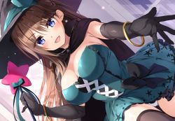 Rule 34 | 1girl, black border, black cape, black gloves, black thighhighs, blue eyes, boku no kanojo sensei, border, bracelet, breasts, brown hair, cape, cleavage, commentary, cosplay, dress, dutch angle, earrings, elbow gloves, frilled dress, frills, fujiki maka, gloves, gluteal fold, green dress, green hat, half updo, hat, holding, holding wand, jewelry, large breasts, long hair, looking at viewer, microdress, open mouth, oryo (oryo04), panties, pantyshot, print dress, reaching, reaching towards viewer, smile, solo, standing, star (symbol), star print, strapless, strapless dress, thighhighs, underwear, wand, white panties, witch, witch hat