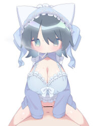 Rule 34 | 1boy, 1girl, absurdres, animal ear headwear, animal ears, bar censor, black hair, blue bow, blue bra, blue eyes, blue jacket, blush, bow, bra, breasts, cat ears, censored, chibi, cigarette, cleavage, commentary, cowgirl position, fake animal ears, frilled bra, frills, hair bow, hetero, highres, jacket, jitome, large breasts, maid, maid headdress, navel, open clothes, open jacket, original, pov, sex, short hair, simple background, sleeves past fingers, sleeves past wrists, smoke, smoking, straddling, sweat, thighs, toumei tou, track jacket, underwear, vaginal, white background, zipper