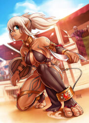 Rule 34 | 1girl, absurdres, ankle cuffs, armor, artist name, ass, bare shoulders, beard, blam, blue eyes, body markings, bound, bound legs, breasts, bridal legwear, chain, chinese commentary, cloud, cloudy sky, colosseum, commission, cuffs, dark-skinned female, dark skin, day, double-blade, elf, facial hair, gladiator, gladiator, gold armor, highres, holding, holding sword, holding weapon, iron bars, lettanya (maxa&#039;), loincloth, long beard, medium breasts, midriff, original, pink shirt, pixiv commission, pointy ears, sand, shackles, shield, shirt, sky, slave, stirrup legwear, sword, tan, thighs, toeless legwear, toes, weapon, white hair, wide-eyed
