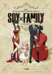 Rule 34 | 1boy, 2girls, anya (spy x family), artist request, bare shoulders, black footwear, black hair, black pants, blonde hair, cello, copyright name, dress, formal, hair ornament, high heels, highres, instrument, jewelry, multiple girls, musical note, necklace, official art, pants, pink hair, promotional art, red dress, red eyes, sandals, saxophone, side slit, spy x family, suit, third-party source, toeless footwear, toes, trumpet, twilight (spy x family), white dress, white footwear, yor briar