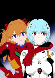 Rule 34 | 2girls, absurdres, ayanami rei, blue eyes, bodysuit, breasts, brown hair, expressionless, eywy4324, hair between eyes, hair ornament, hand on own hip, highres, long hair, looking at viewer, looking to the side, medium breasts, multiple girls, neon genesis evangelion, pilot suit, plugsuit, red bodysuit, red eyes, shiny clothes, short hair, simple background, skin tight, smile, souryuu asuka langley, standing, two side up, very long hair, white bodysuit
