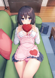 Rule 34 | 1girl, absurdres, bag, black hair, blue skirt, blush, bra, breasts, cleavage, closed mouth, commentary request, couch, cushion, frilled bra, frills, grey eyes, hair between eyes, hair ornament, heart, highres, holding, indoors, large breasts, legs together, liya, looking at viewer, lying, on back, original, paid reward available, panties, pantyshot, pink bra, pink panties, pleated skirt, rug, school bag, school uniform, shirt, skirt, smile, solo, underwear, valentine, white shirt, wooden floor
