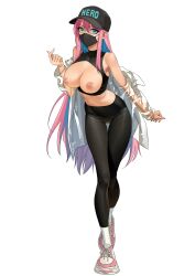 Rule 34 | 1girl, bare shoulders, baseball cap, black hat, black leggings, blue eyes, blue hair, breastless clothes, breasts, colored inner hair, commentary, commission, crop top, cross-laced footwear, english commentary, english text, finger heart, fingernails, green eyes, hair between eyes, hat, heterochromia, highres, hongcasso, jacket, jacket partially removed, large breasts, leaning forward, leggings, long fingernails, long hair, long sleeves, mask, mole, mole on breast, mole under eye, mouth mask, multicolored hair, nipples, open clothes, open jacket, original, pink hair, see-through, see-through jacket, shoes, simple background, sneakers, socks, solo, standing, standing on one leg, thigh gap, very long hair, white background, white socks