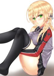 Rule 34 | 1girl, anchor, anchor hair ornament, black ribbon, black skirt, black thighhighs, blonde hair, cross, feet out of frame, gloves, gradient background, green eyes, hair ornament, hugging own legs, iron cross, kantai collection, looking at viewer, low twintails, microskirt, military, military uniform, prinz eugen (kancolle), ribbon, sitting, skirt, smile, solo, thighhighs, tomohiro (duo), twintails, uniform, white background, white gloves