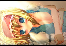 Rule 34 | 1girl, alice margatroid, blonde hair, blue eyes, blush, breasts, cleavage, female focus, hairband, highres, large breasts, letterboxed, lying, no bra, on side, short hair, solo, touhou, yuzutei