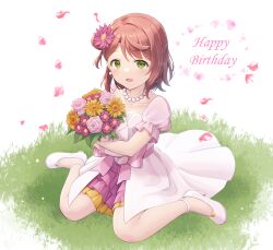 Rule 34 | 1girl, :d, absurdres, awakening promise (love live!), bead necklace, beads, blunt bangs, blush, bouquet, braid, braided bun, breasts, cleavage, collarbone, dress, earrings, falling petals, flats, flower, frilled dress, frills, gloves, green eyes, hair bun, hair flower, hair ornament, half updo, happy birthday, highres, holding, holding bouquet, jewelry, looking at viewer, love live!, love live! nijigasaki high school idol club, medium hair, necklace, on grass, open mouth, petals, pink dress, pink flower, pink hair, pink petals, pink rose, rose, short sleeves, single side bun, sitting, smile, solo, swept bangs, uehara ayumu, wariza, white background, white footwear, white gloves, yellow flower, yutuki ame