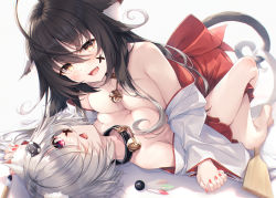 Rule 34 | 2girls, :d, absurdres, animal ear fluff, animal ears, bell, black collar, breast press, breasts, brown eyes, brown hair, cat girl, cat hair ornament, collar, fang, hagoita, hair between eyes, hair ornament, hane (hanetsuki), hanetsuki, hasumi (hasubatake39), highres, holding hands, intertwined tails, kuon (hasumi (hasubatake39)), large breasts, long hair, multiple girls, neck bell, open mouth, original, paddle, purple eyes, setsuna (hasumi (hasubatake39)), silver hair, smile, symmetrical docking, tail, yuri