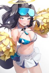 Rule 34 | 1girl, absurdres, animal ears, bare shoulders, black hair, blue archive, blush, breasts, bright pupils, cheerleader, cleavage, collar, cowboy shot, criss-cross halter, dog ears, dog girl, dog tail, facial mark, halterneck, hands up, hibiki (blue archive), hibiki (cheer squad) (blue archive), highres, holding, holding pom poms, large breasts, long hair, looking at viewer, millennium cheerleader outfit (blue archive), miniskirt, navel, parted lips, pleated skirt, pom pom (cheerleading), pom poms, ponytail, raised eyebrows, shant 07, simple background, skirt, solo, star (symbol), star facial mark, star sticker, stomach, tail, thighs, white background, white collar, white pupils, white skirt