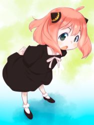 Rule 34 | 1girl, anya (spy x family), black dress, black footwear, blush, child, commentary request, dress, female focus, full body, green eyes, highres, looking at viewer, pink hair, shoes, short hair, socks, solo, spy x family, standing, teruki kuma