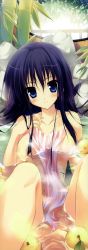 Rule 34 | 1girl, absurdres, bamboo, bamboo forest, bath, bathing, bathtub, black hair, blue eyes, breasts, forest, highres, karory, long image, nature, onsen, purple hair, solo, stick poster, tall image, towel