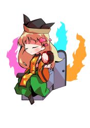 Rule 34 | 1girl, black hat, blonde hair, blush, boots, breasts, brown hat, cape, chair, chibi, closed eyes, closed mouth, constellation, constellation print, dairi, detached sleeves, drum, energy, green skirt, grey footwear, hand up, hat, heart, instrument, long hair, long sleeves, matara okina, medium breasts, orange cape, shirt, sitting, skirt, smile, solo, tabard, tachi-e, touhou, transparent background, tsuzumi, white shirt, wide sleeves