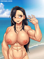 Rule 34 | 1girl, abs, black hair, blush, breasts, brown eyes, earrings, final fantasy, final fantasy vii, highres, jewelry, large breasts, long hair, looking to the side, muscular, muscular female, nipples, nude, open mouth, out-of-frame censoring, solo, sparkeyjinjin, tifa lockhart, waving