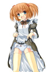 Rule 34 | 00s, 1girl, :d, alternate costume, bad id, bad pixiv id, blue eyes, blush, bow, bow panties, brown hair, cameltoe, clothes lift, dress, dress lift, enmaided, fang, hair bobbles, hair ornament, kataoka yuuki, lingerie, maid, open mouth, panties, petticoat, redcomet, saki (manga), short twintails, smile, solo, striped clothes, striped panties, thighhighs, twintails, two side up, underwear