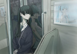 Rule 34 | 1girl, absurdres, aqua eyes, aqua hair, bare shoulders, black eyes, black hair, black necktie, black sleeves, black sweater, commentary, detached sleeves, different reflection, earbuds, earphones, expressionless, grey shirt, hand grip, hatsune miku, highres, holding, holding phone, leaning back, limi li3, long hair, looking to the side, necktie, parted lips, phone, poster (object), reflection, shirt, sleeveless, sleeveless shirt, smile, standing, sweater, train interior, twintails, upper body, vocaloid, white shirt