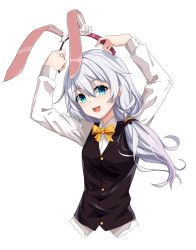Rule 34 | 1girl, aill09, animal ears, black vest, blue eyes, bow, bowtie, rabbit ears, buttons, commentary request, fake animal ears, hair between eyes, hair over shoulder, highres, honkai (series), honkai impact 3rd, long sleeves, low ponytail, open mouth, shirt, sidelocks, silver hair, smile, solo, theresa apocalypse, vest, white background, white shirt