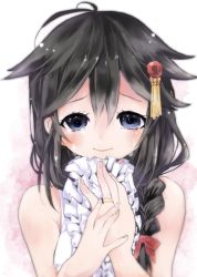 Rule 34 | 10s, 1girl, bare shoulders, black hair, blue eyes, braid, dress, edo., frills, hair ornament, hairclip, kantai collection, looking at viewer, personification, shigure (kancolle), single braid, smile, solo, tears, wedding dress