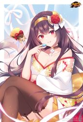 Rule 34 | 1girl, absurdres, balloon, black choker, black thighhighs, breasts, choker, commentary, english commentary, floral print, flower, gem, gold hairband, hair flower, hair ornament, hairband, hedgehog, highres, holding, japanese clothes, kimono, kusumoto shizuru, logo, mahjong soul, mole, mole under eye, nikaidou miki, official art, red eyes, red flower, red rose, rose, solo, thighhighs, white kimono