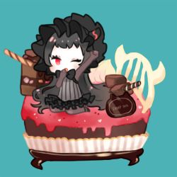 Rule 34 | 10s, 1girl, abyssal ship, cake, chibi, colored skin, food, gothic lolita, hairband, highres, isolated island oni, kantai collection, kobone, lolita fashion, lolita hairband, long hair, looking at viewer, one eye closed, red eyes, sketch, solo, white skin