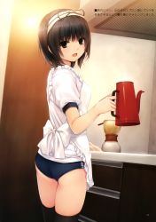 Rule 34 | 1girl, :d, absurdres, aoyama sumika, apron, black hair, black thighhighs, brown eyes, buruma, coffee-kizoku, coffee maker, cowboy shot, gym uniform, hairband, highres, holding, indoors, kettle, kitchen, looking at viewer, looking back, open mouth, original, short hair, smile, solo, thighhighs