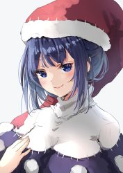 Rule 34 | 1girl, black capelet, blue eyes, blue hair, blush, breasts, capelet, closed mouth, doremy sweet, dress, fingernails, hand on own chest, hat, highres, large breasts, lips, looking at viewer, nightcap, one-hour drawing challenge, pom pom (clothes), red hat, shironeko yuuki, sidelocks, simple background, smile, solo, touhou, turtleneck, white background, white dress