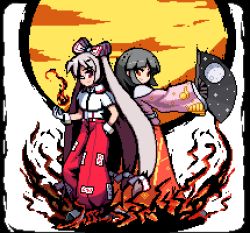 Rule 34 | 2girls, adapted costume, baggy pants, bandaid, bandaid on face, bandaid on nose, black hair, blunt bangs, border, bow, closed mouth, collared shirt, commentary request, fire, folding fan, fujiwara no mokou, full body, glove cuffs, gloves, hair bow, hand fan, hand in pocket, hand up, hime cut, holding, holding fan, houraisan kaguya, japanese clothes, long hair, long skirt, long sleeves, looking at viewer, lowres, moon, multiple girls, ofuda, ofuda on clothes, outstretched arm, pants, pink shirt, pixel art, red eyes, red pants, red skirt, sash, shirt, silver hair, skirt, sleeves past wrists, smile, standing, star (symbol), star print, suspenders, the hammer (pixiv30862105), touhou, transparent background, very long hair, white bow, white gloves, white shirt, wide sleeves